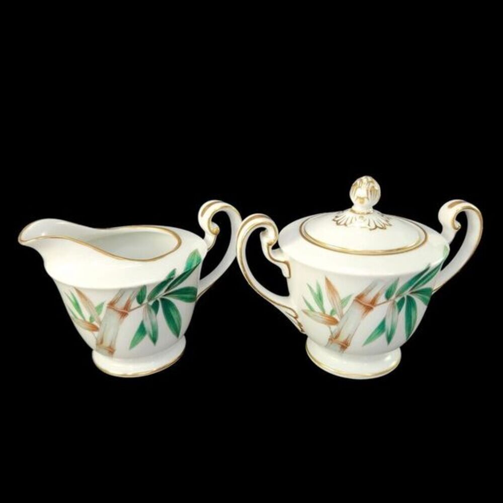 Noritake Canton Creamer‎ Sugar Bowl With Lid Set Gold Trim Bamboo Japan Vtg READ